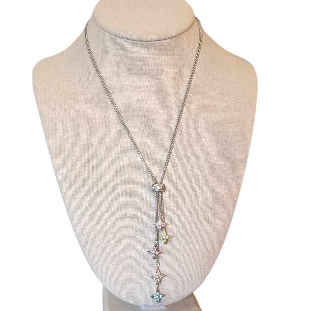 Kiam Family Double Silver Tone Beaded Chain Multi Crystal Star Dangle Necklace